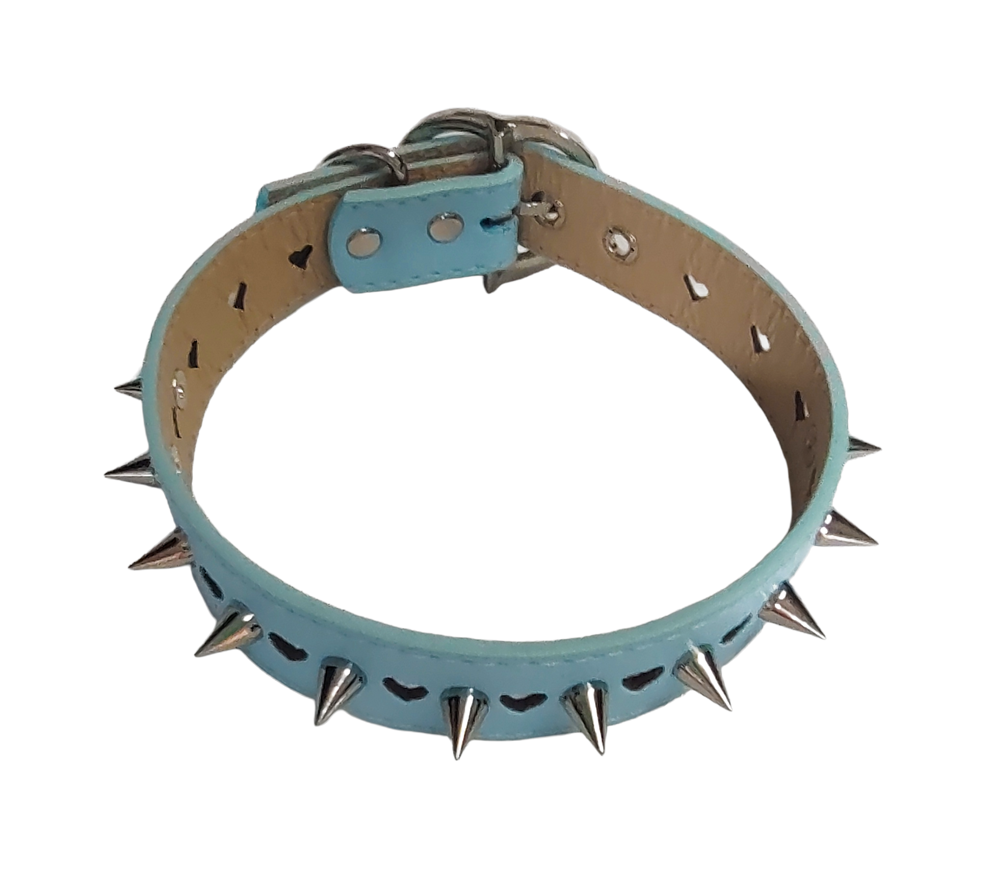 Light blue faux leather heart cut out spiked collar top view