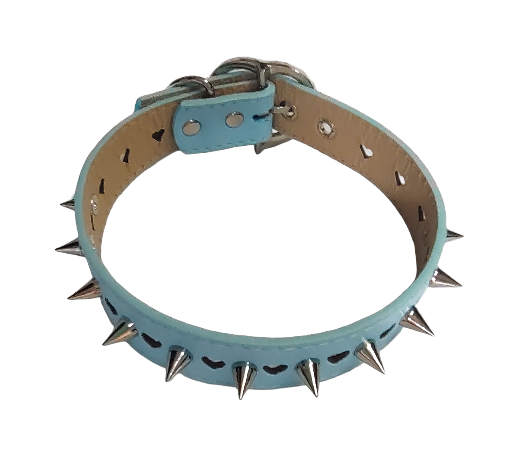 Light blue faux leather heart cut out spiked collar top view