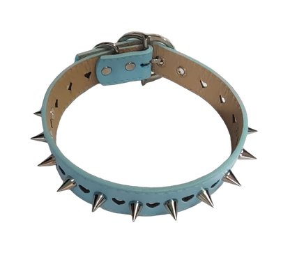 Light blue faux leather heart cut out spiked collar top view