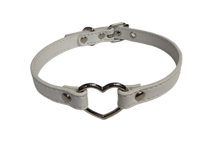 White faux leather heart ring choker collar top view