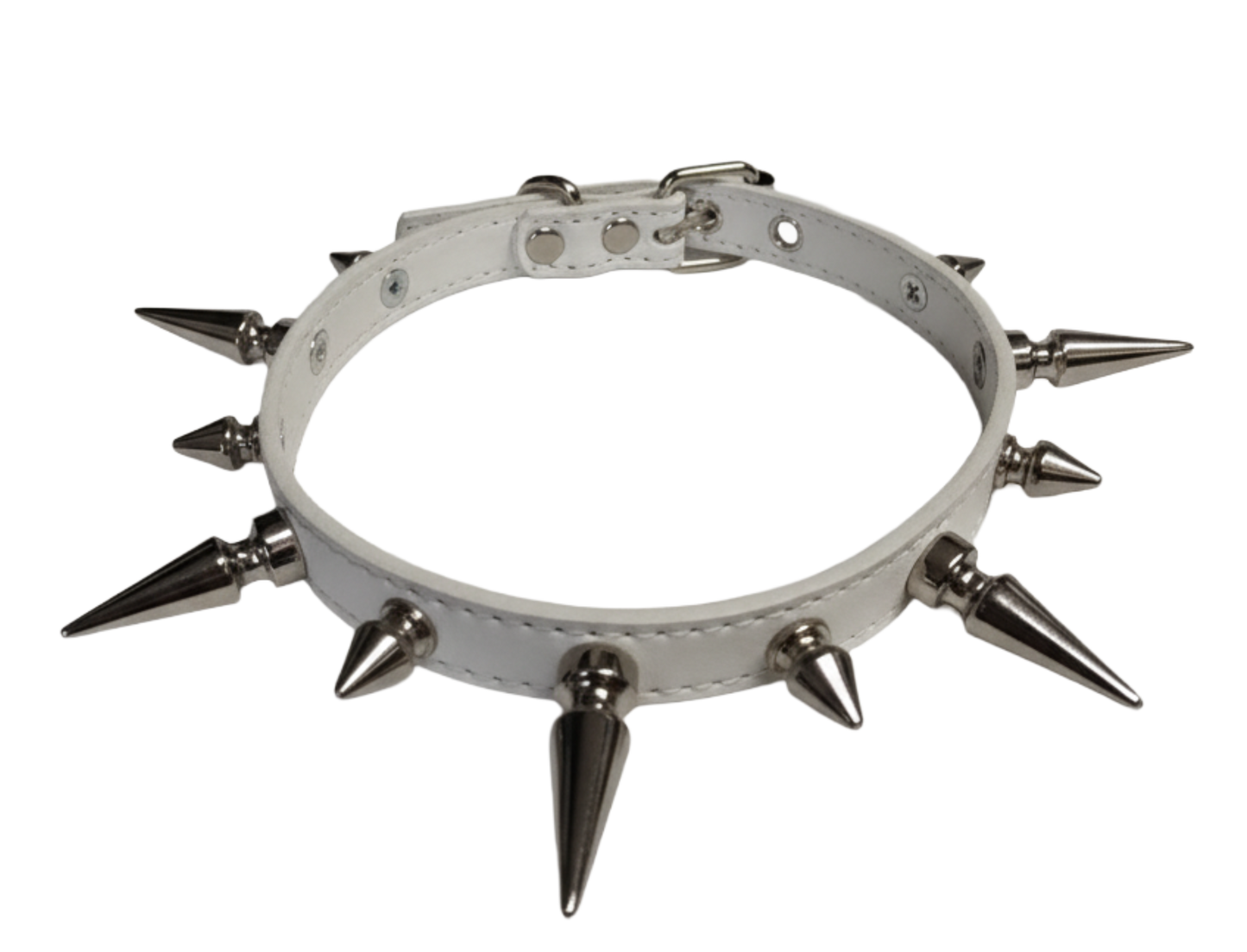 White faux leather spiked collar with alternating tree spikes top view