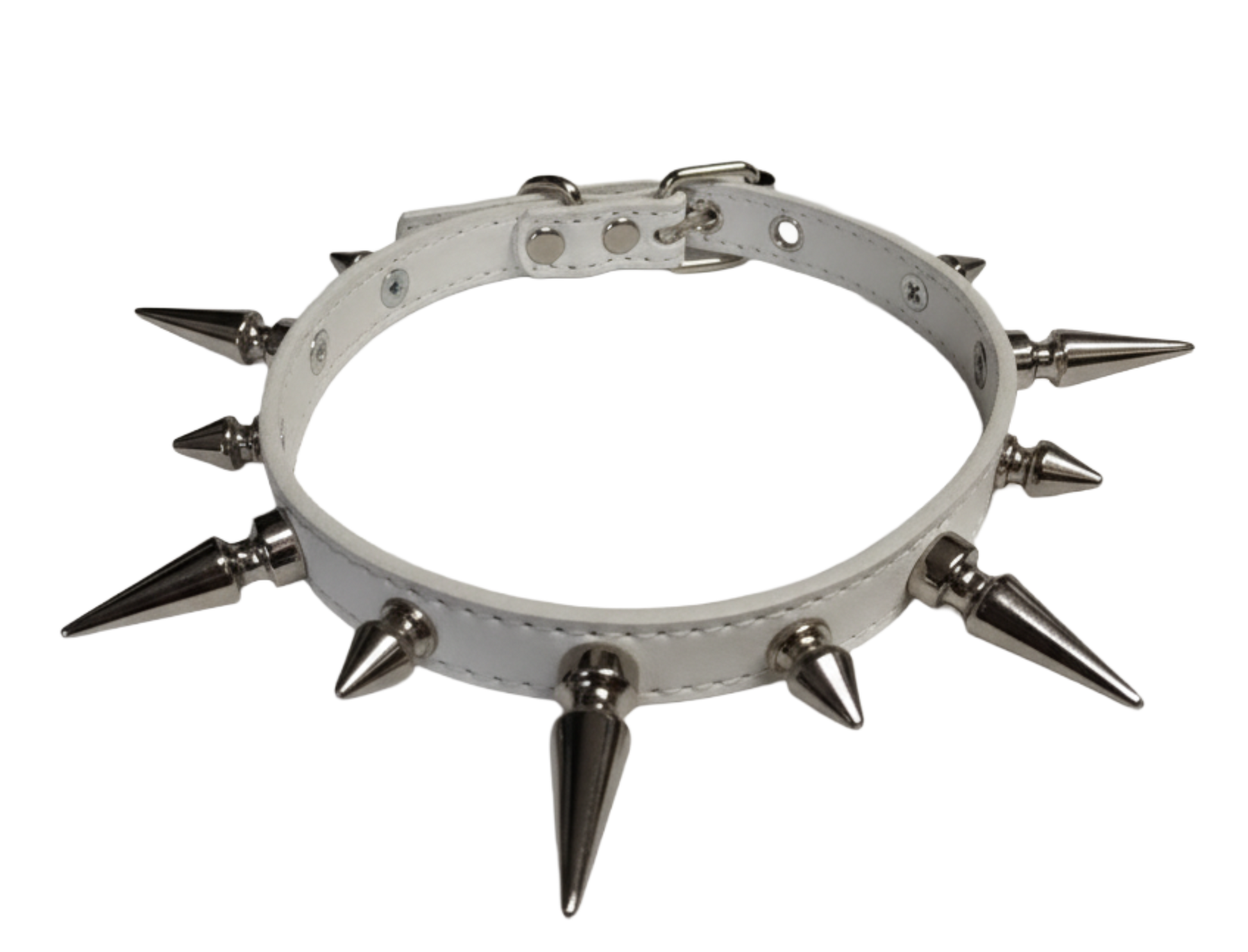 White faux leather spiked collar with alternating tree spikes top view
