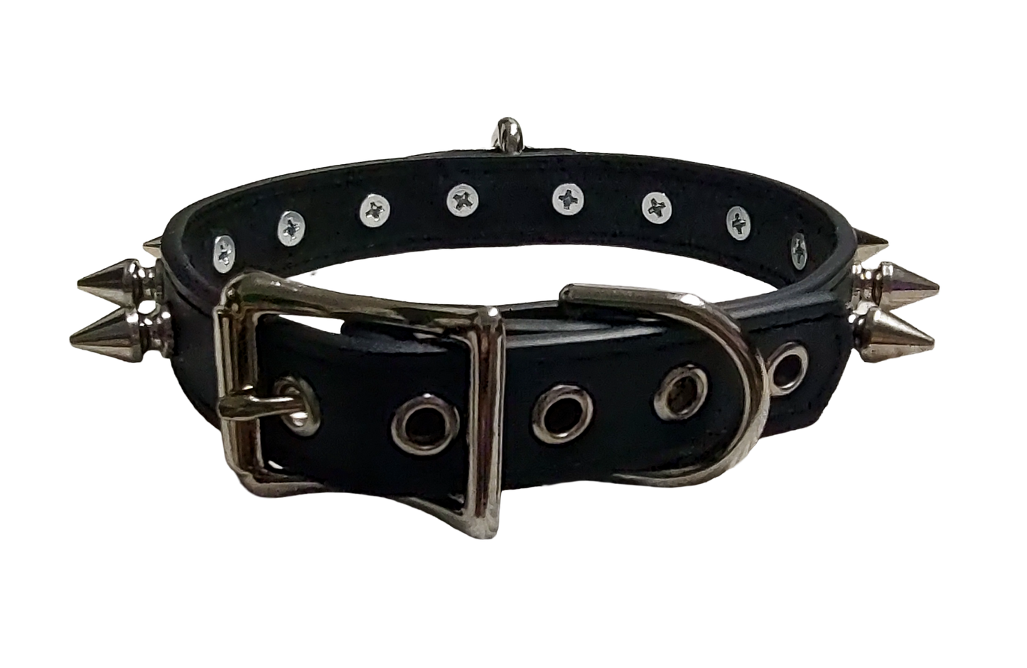 Black faux leather spike collar with front plate halter ring back view