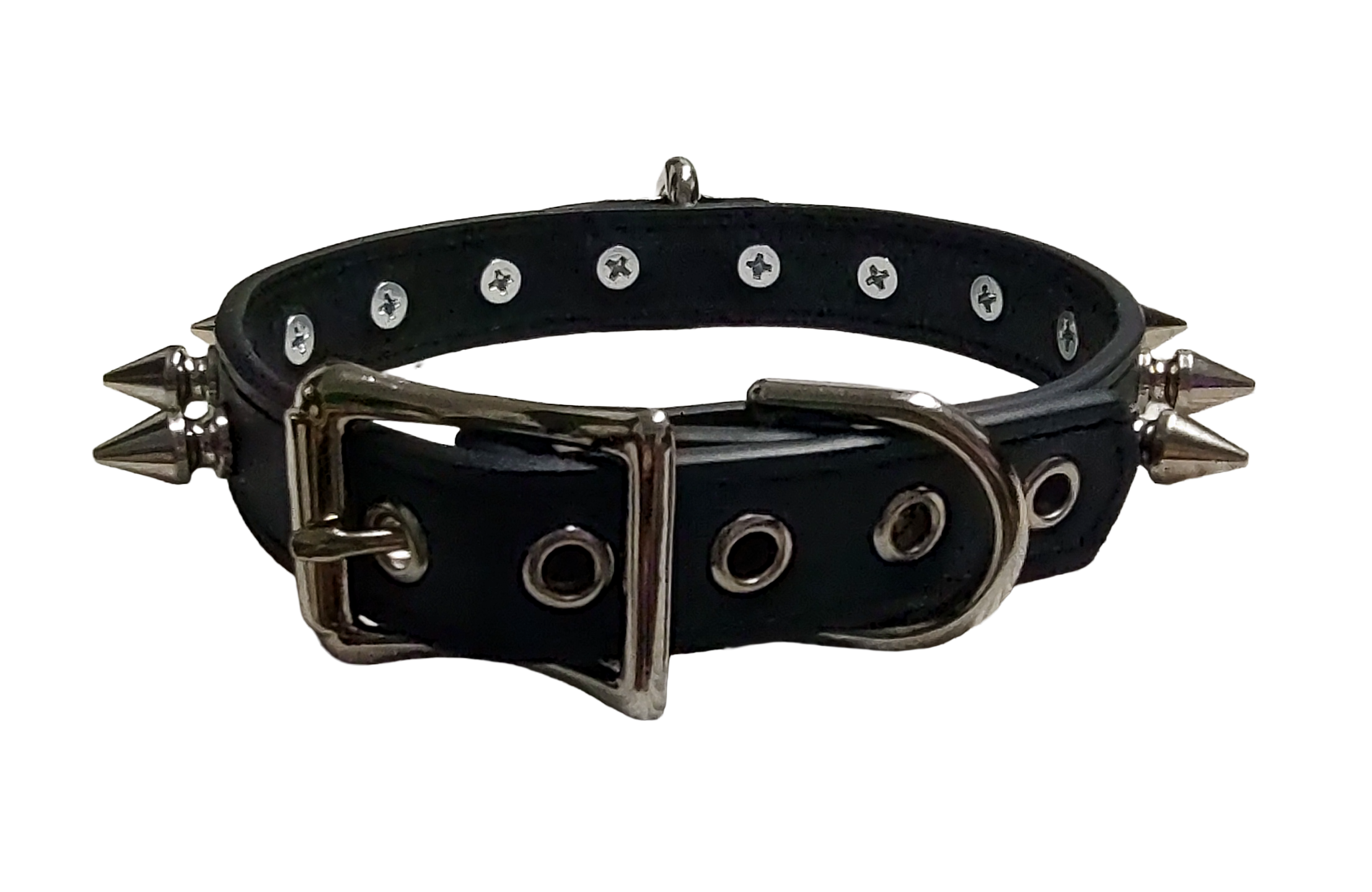 Black faux leather spike collar with front plate halter ring back view