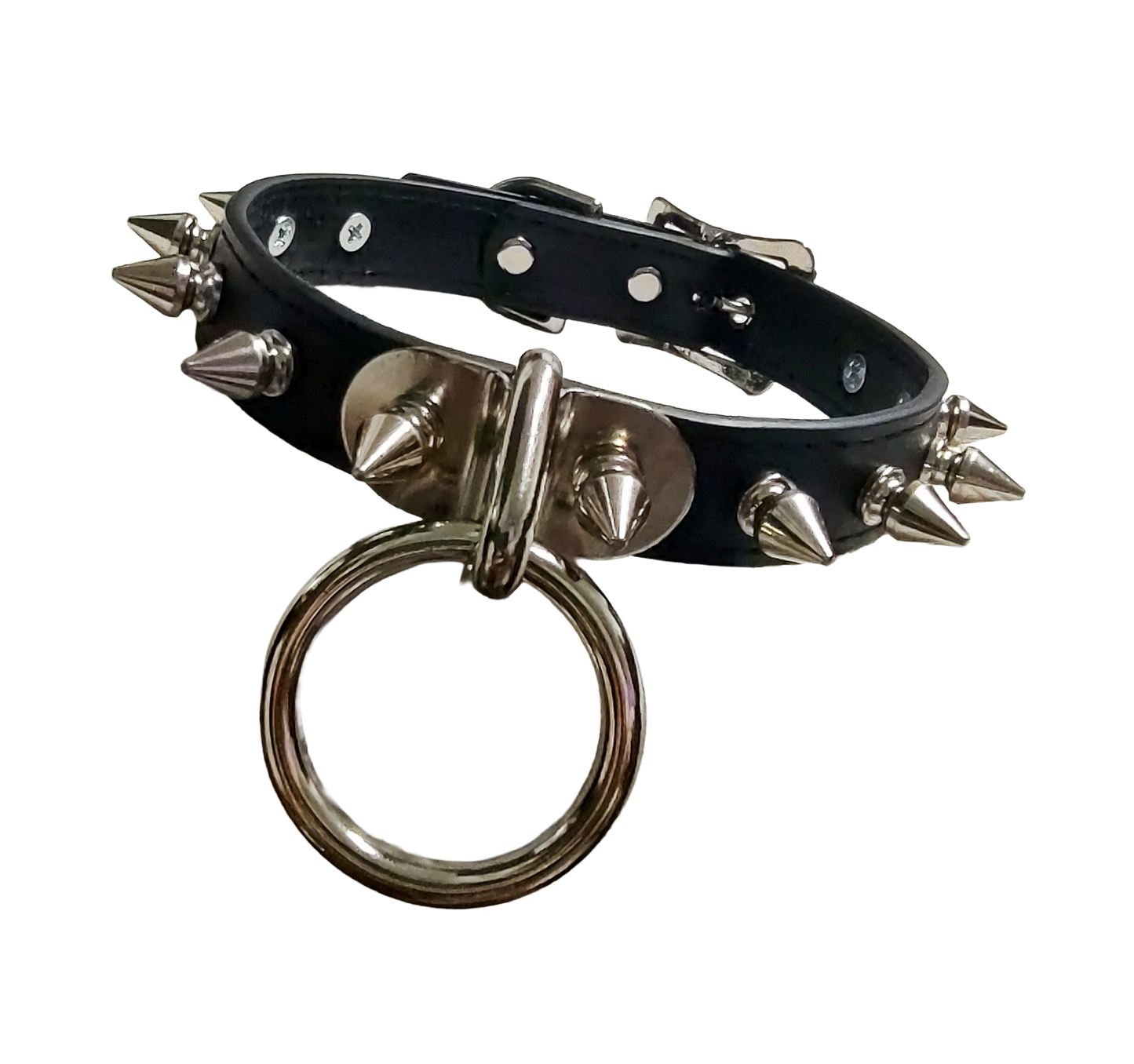 Black faux leather spike collar with front plate halter ring front view