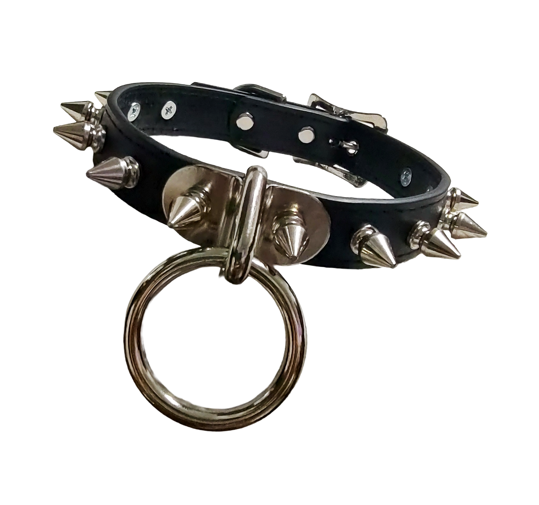 Black faux leather spike collar with front plate halter ring front view