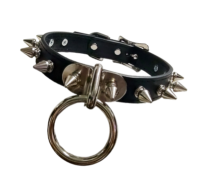 Black faux leather spike collar with front plate halter ring front view