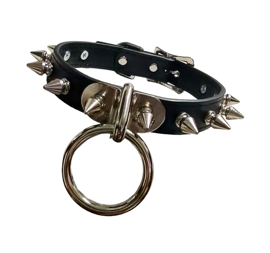 Black faux leather spike collar with front plate halter ring front view