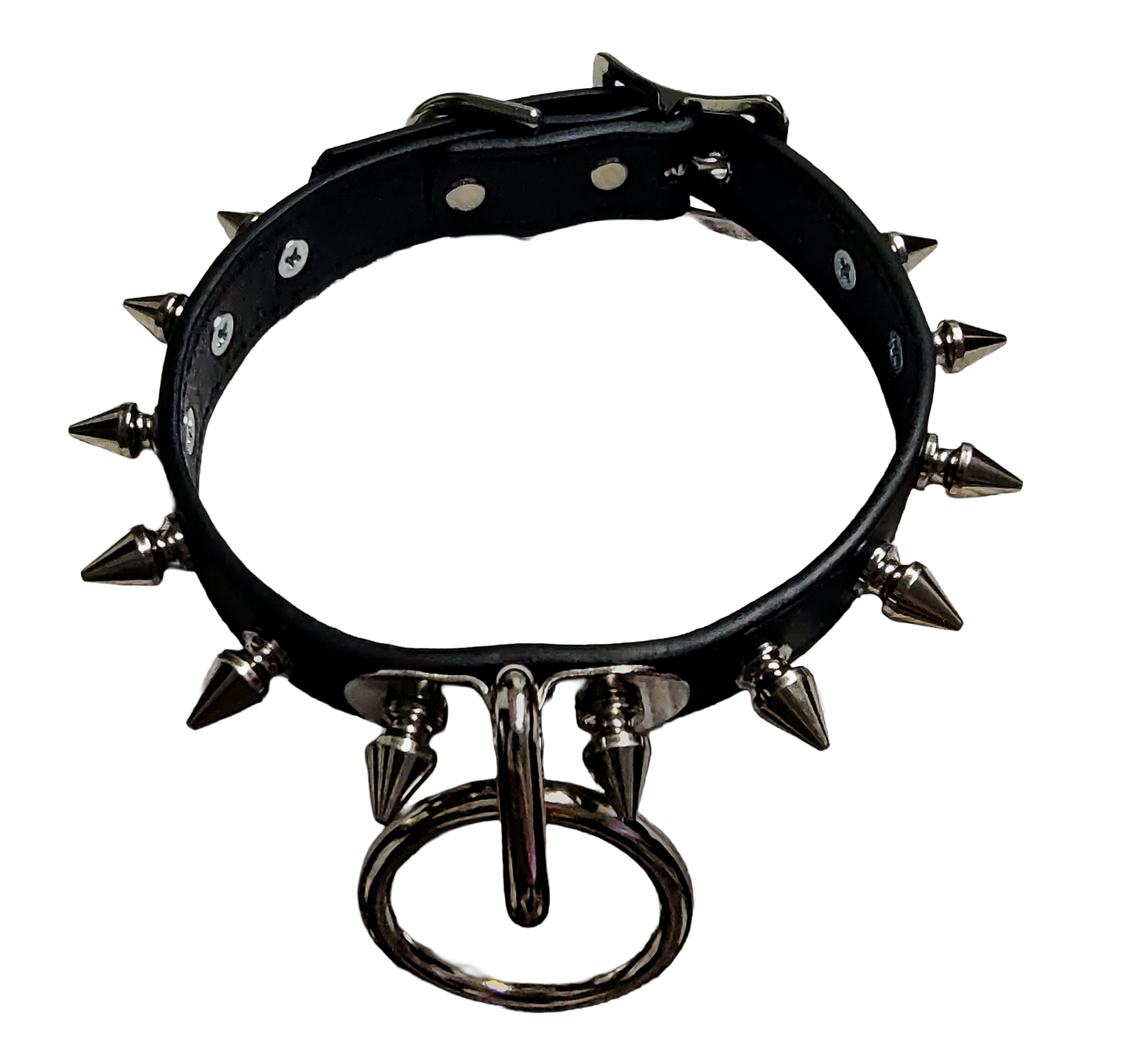 Black faux leather spike collar with front plate halter ring Top view