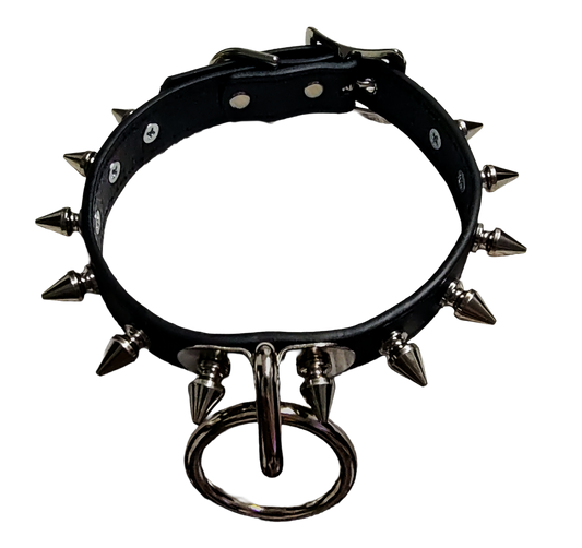 Black faux leather spike collar with front plate halter ring Top view