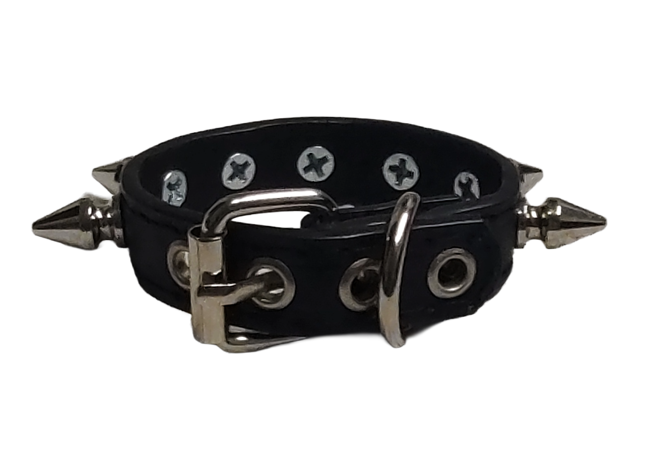 Black faux leather cuff bracelet with single row of spikes back view