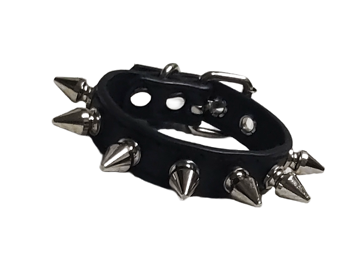 Black faux leather cuff bracelet with single row of spikes front view