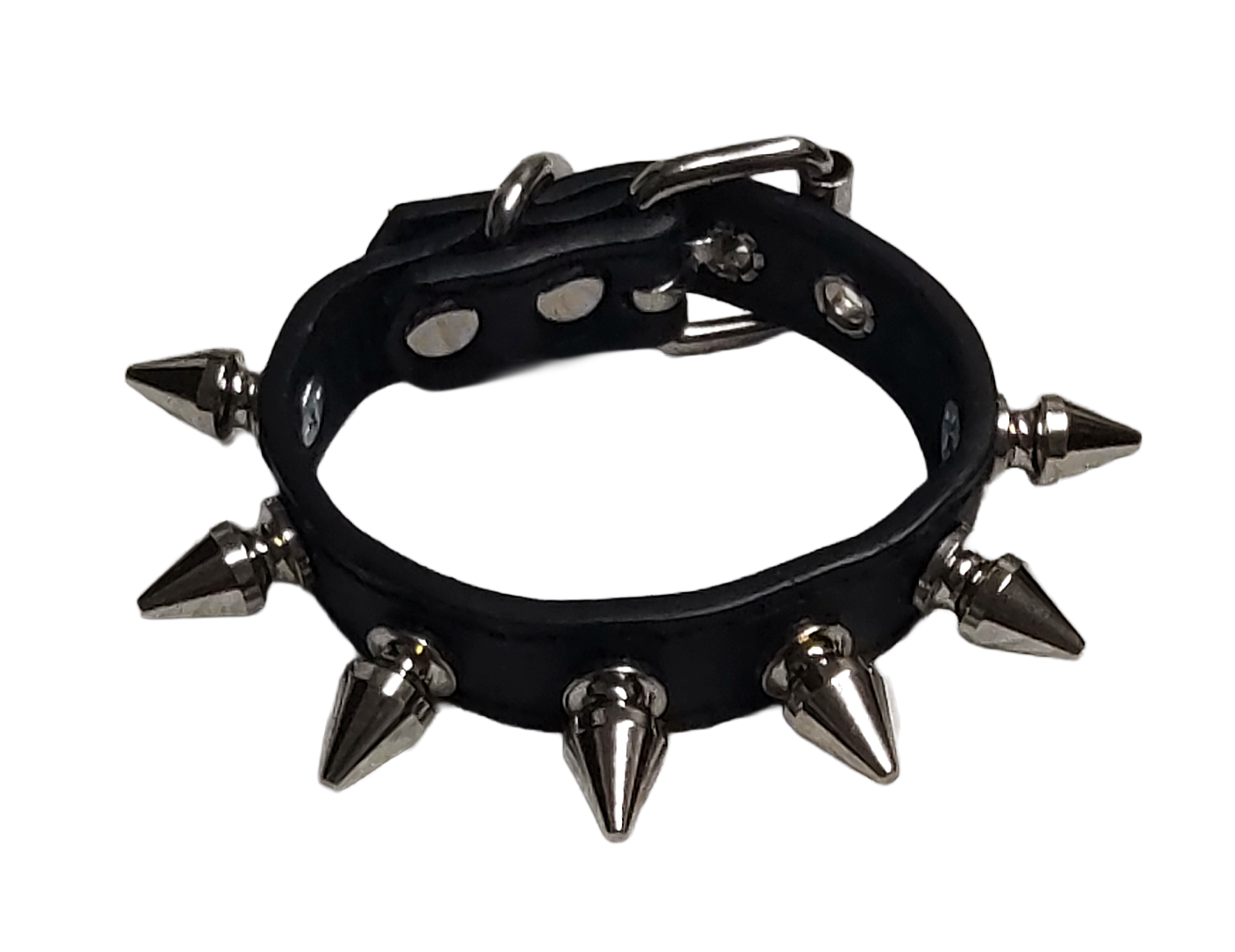 Black faux leather cuff bracelet with single row of spikes top view