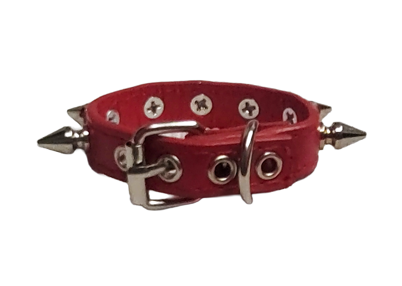 Red faux leather cuff with single row of spikes back view
