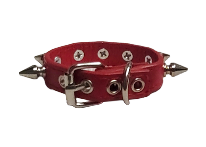 Red faux leather cuff with single row of spikes back view