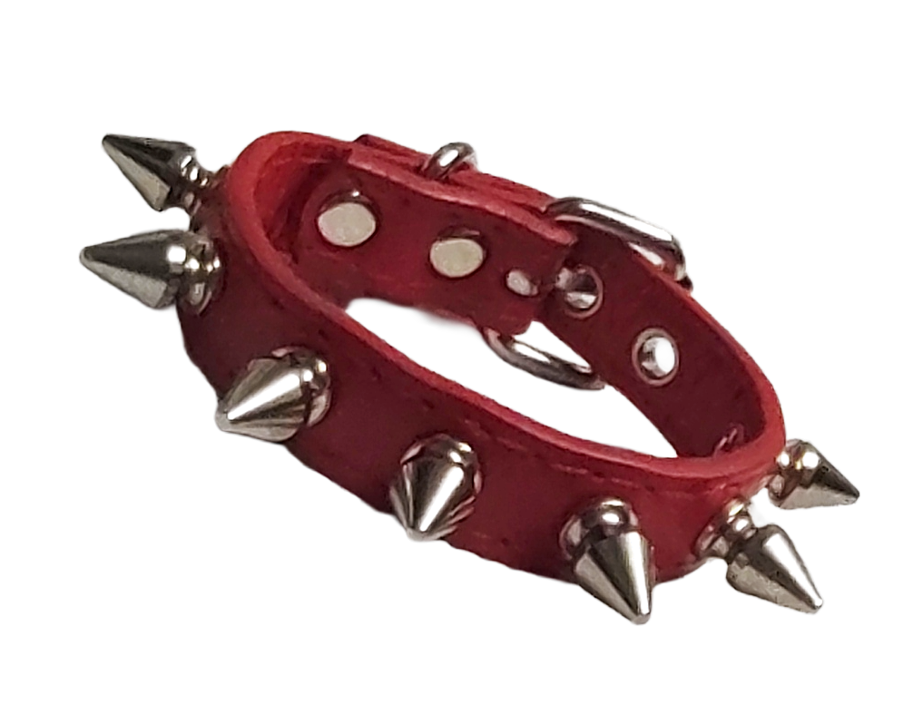 Red faux leather cuff with single row of spikes front view