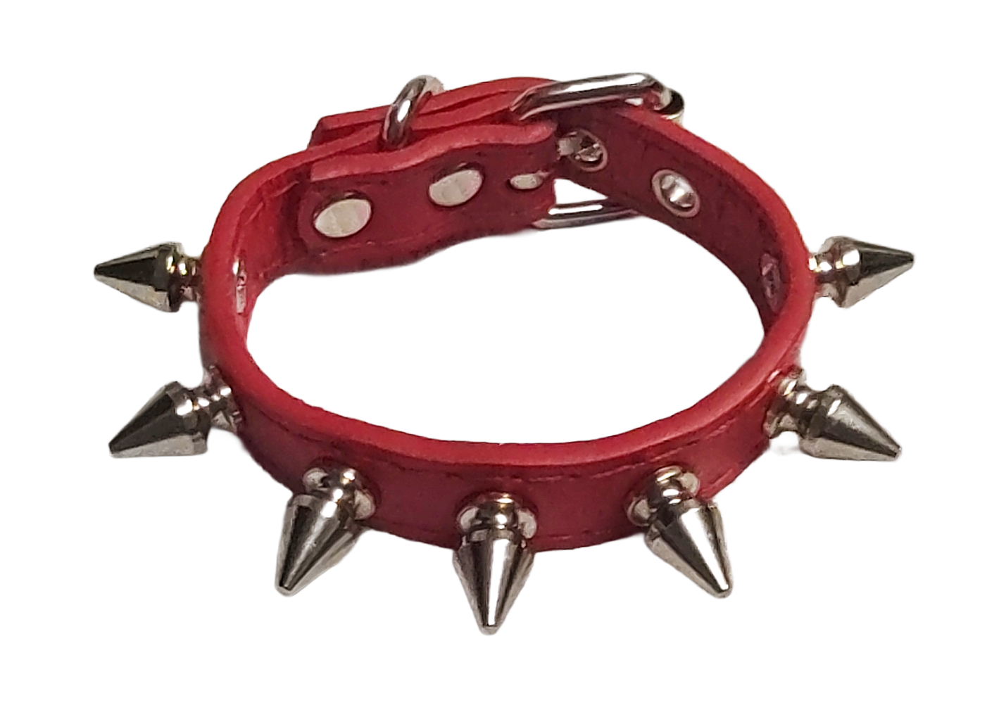 Red faux leather cuff with single row of spikes top view