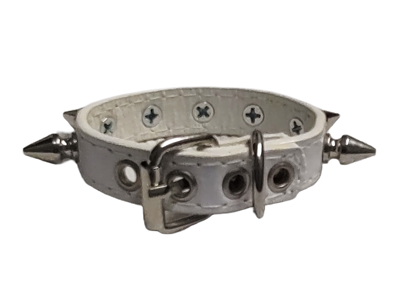 White faux leather cuff with single row of spikes back view