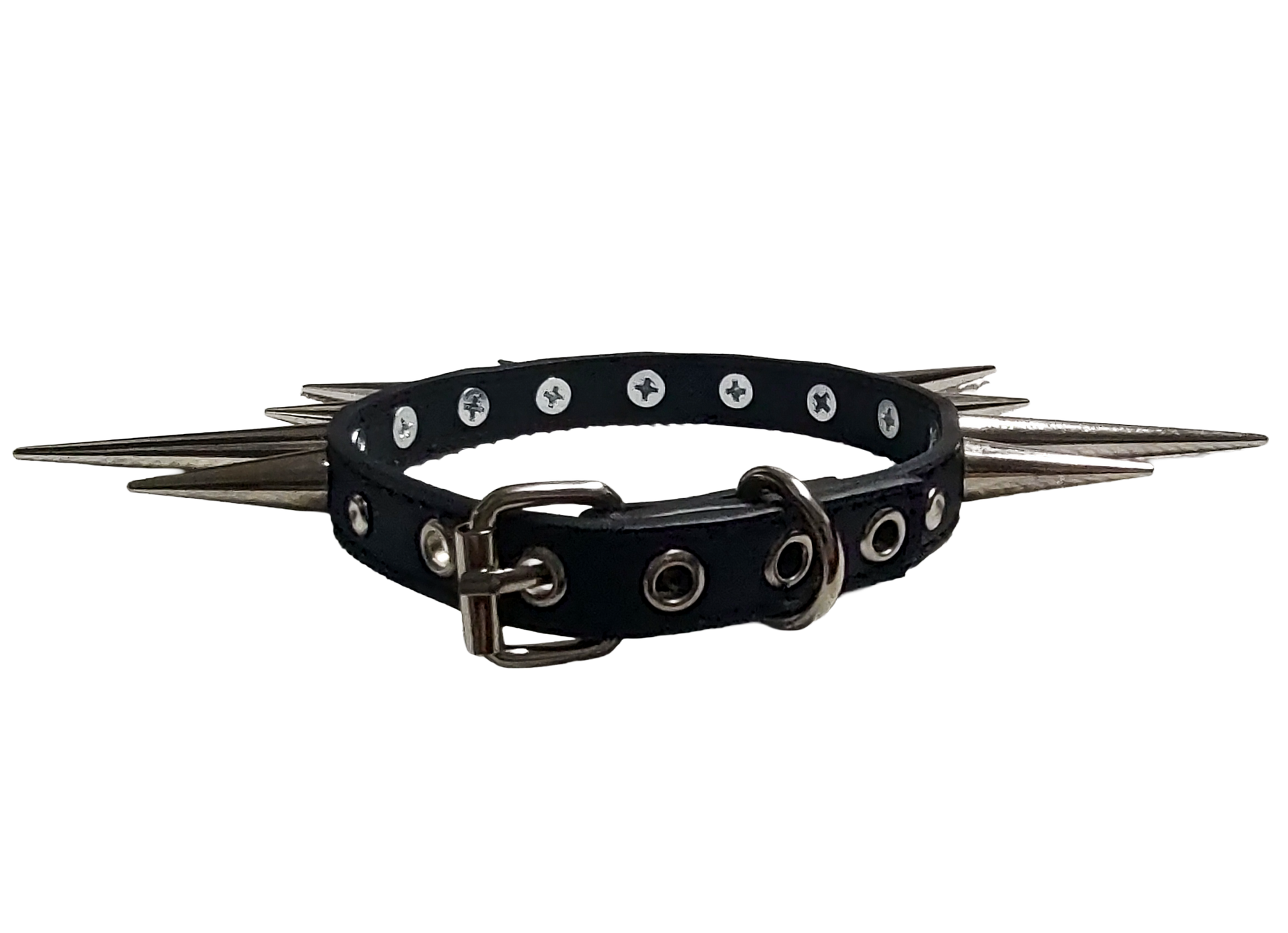 Black faux leather collar with alternating long cone spikes back view