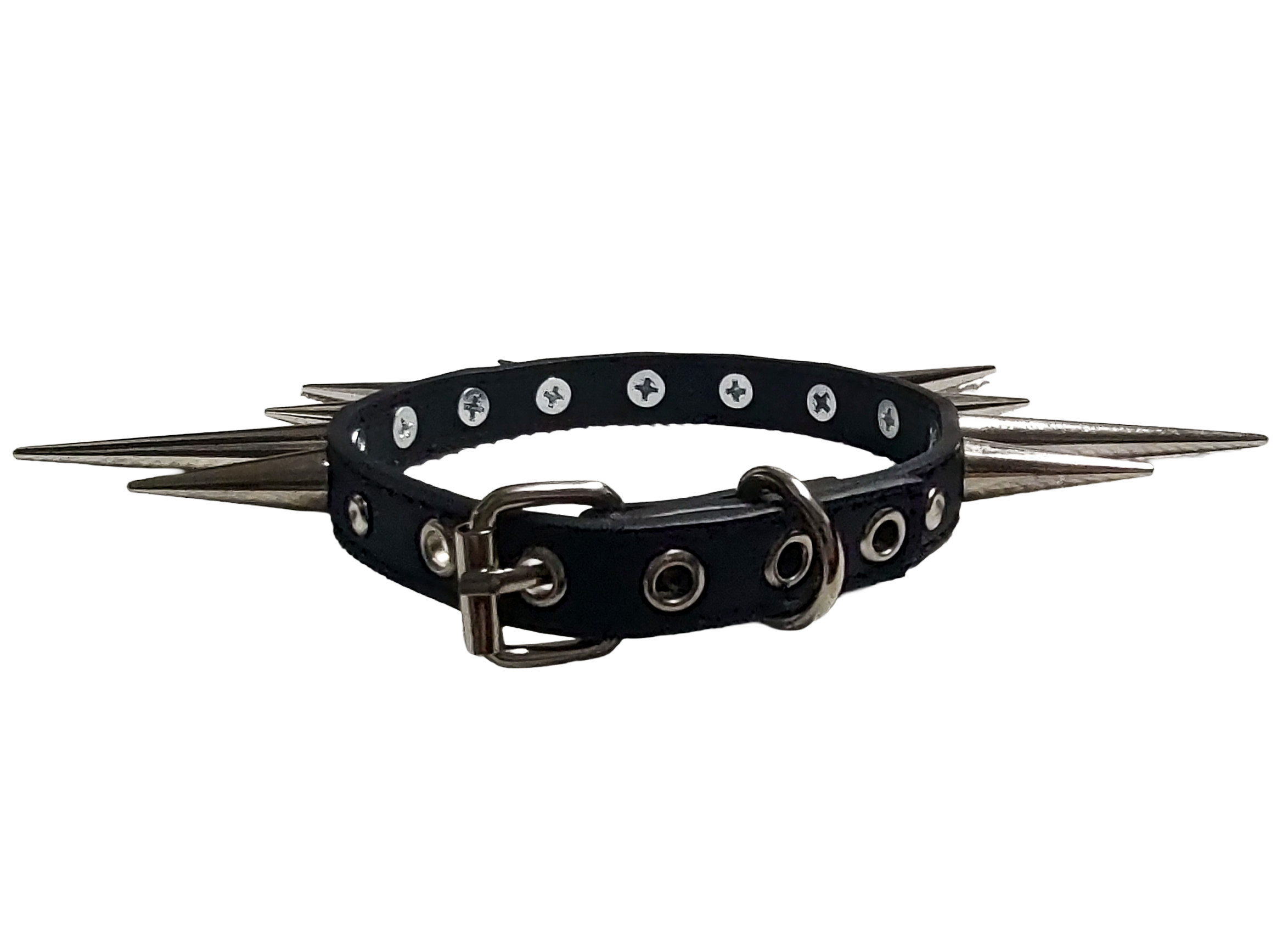Black faux leather collar with alternating long cone spikes back view