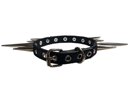 Black faux leather collar with alternating long cone spikes back view