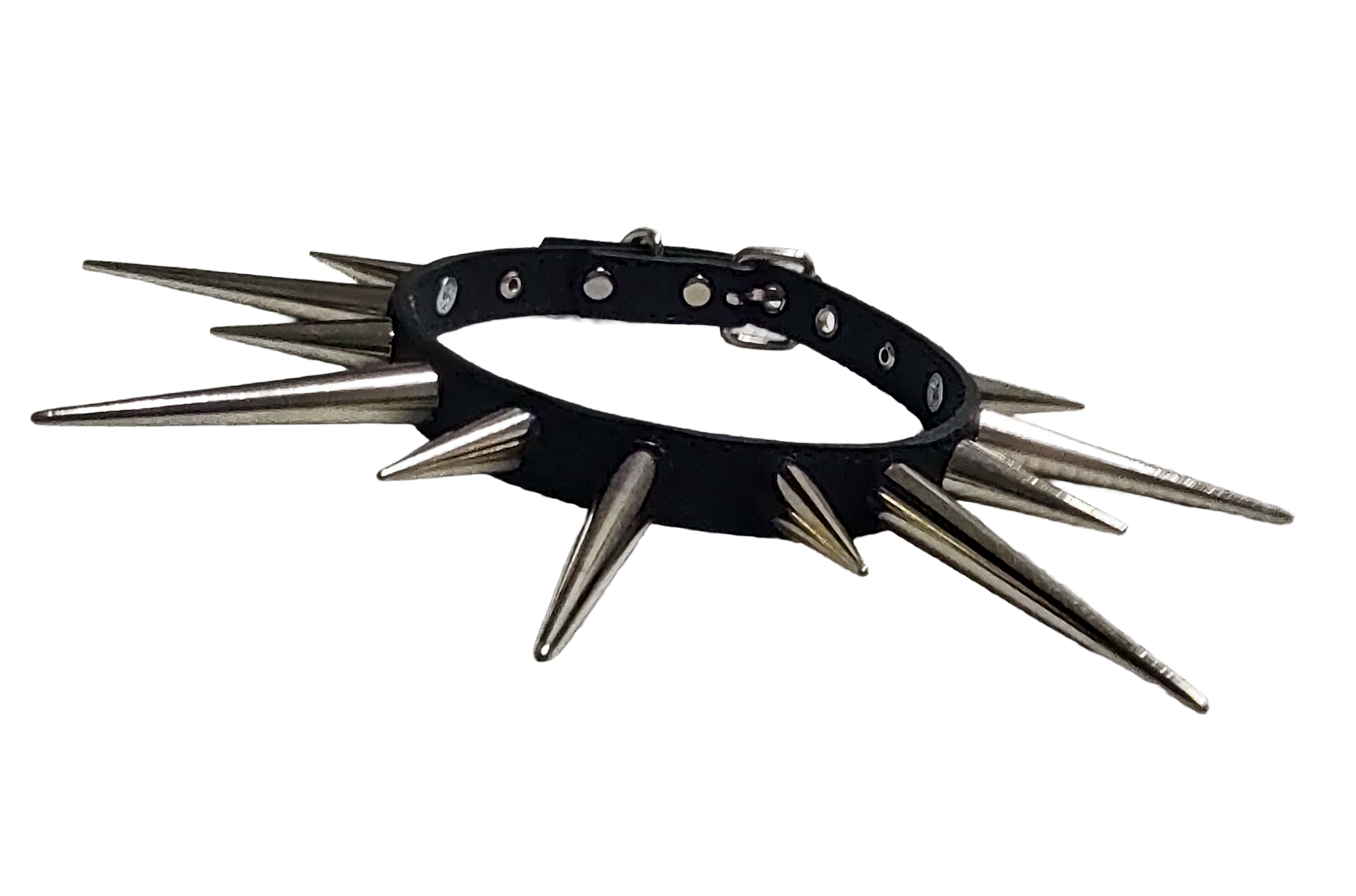 Black faux leather collar with alternating long cone spikes front view