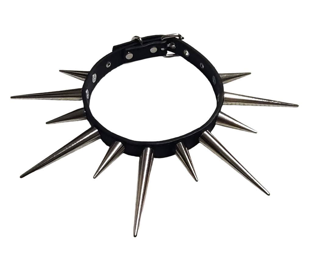 Spineflare Spiked Collar - Black Faux Leather Alternating Long Cone Sp ...