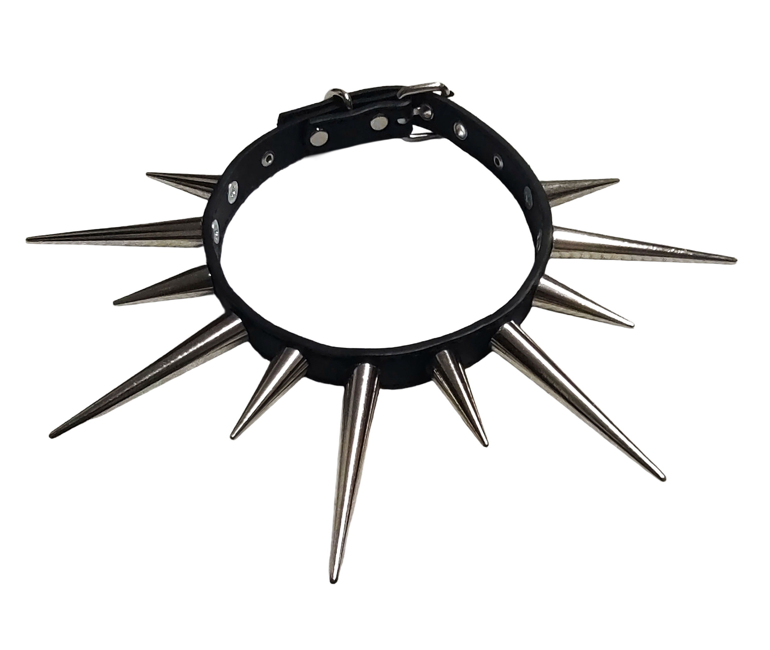 Black faux leather collar with alternating long cone spikes top view