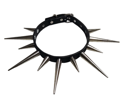 Black faux leather collar with alternating long cone spikes top view