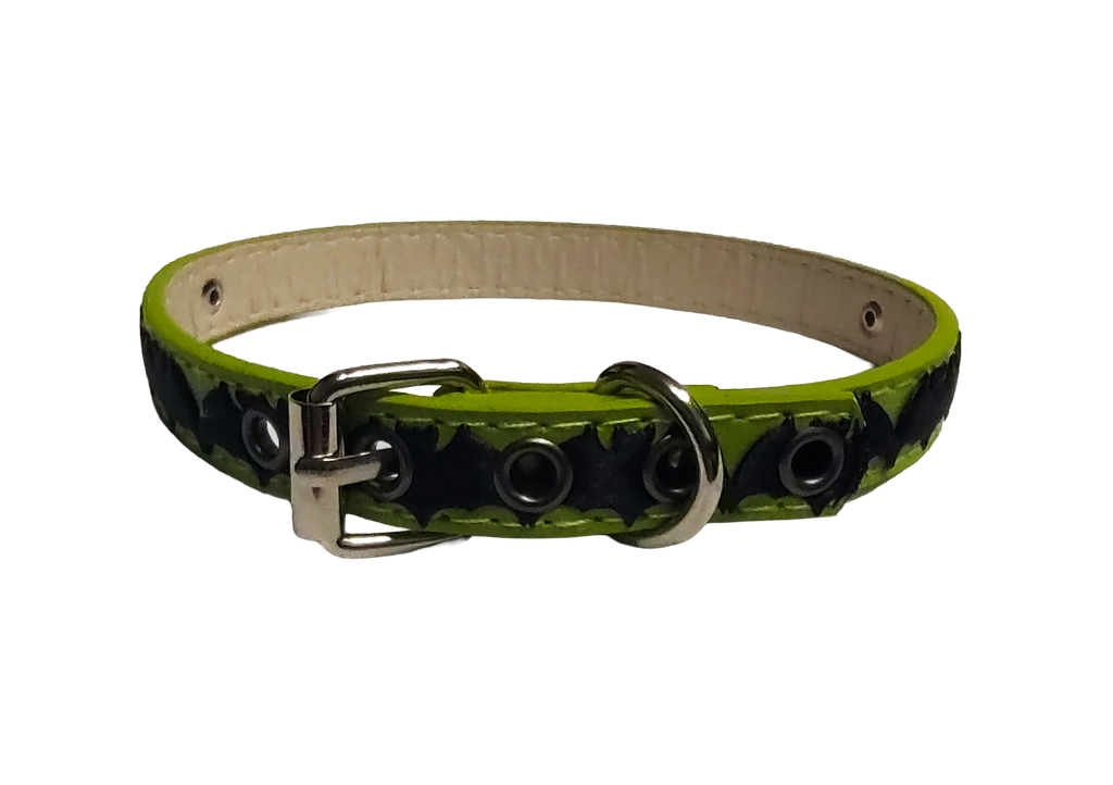 Green faux leather collar with center bat ribbon back view