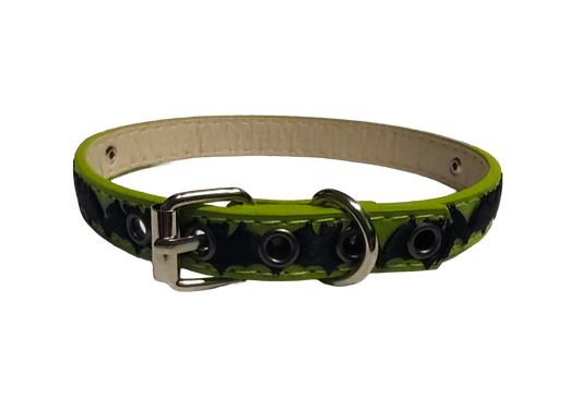 Green faux leather collar with center bat ribbon back view