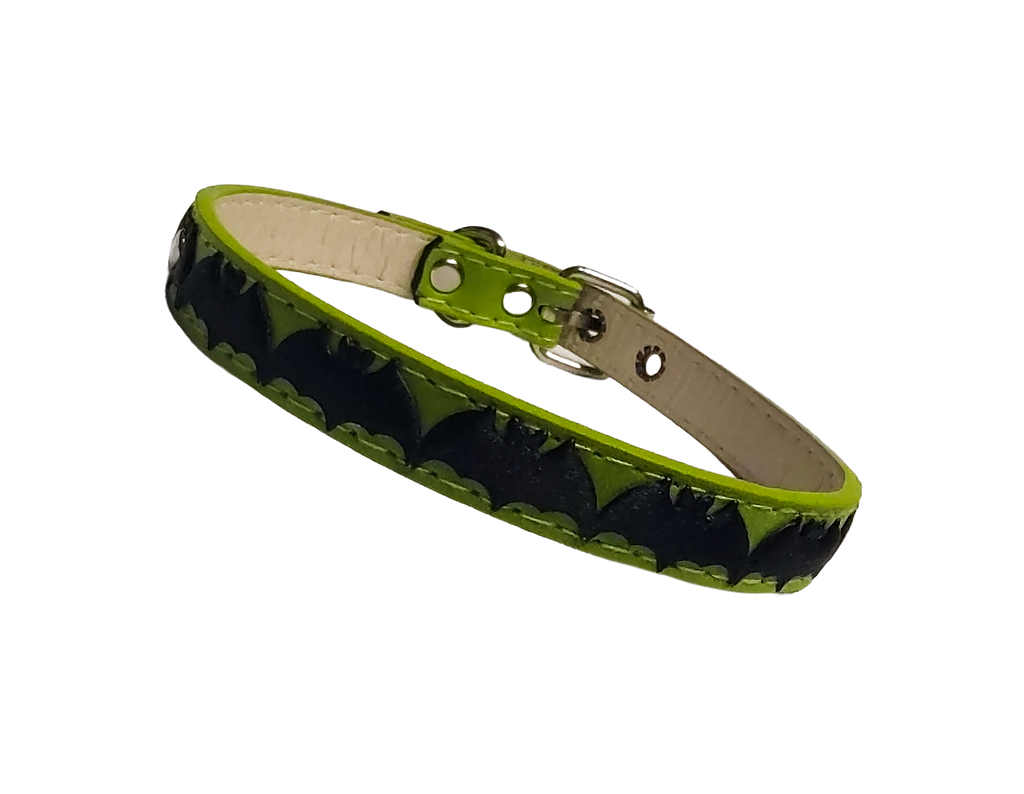 Green faux leather collar with center bat ribbon front view