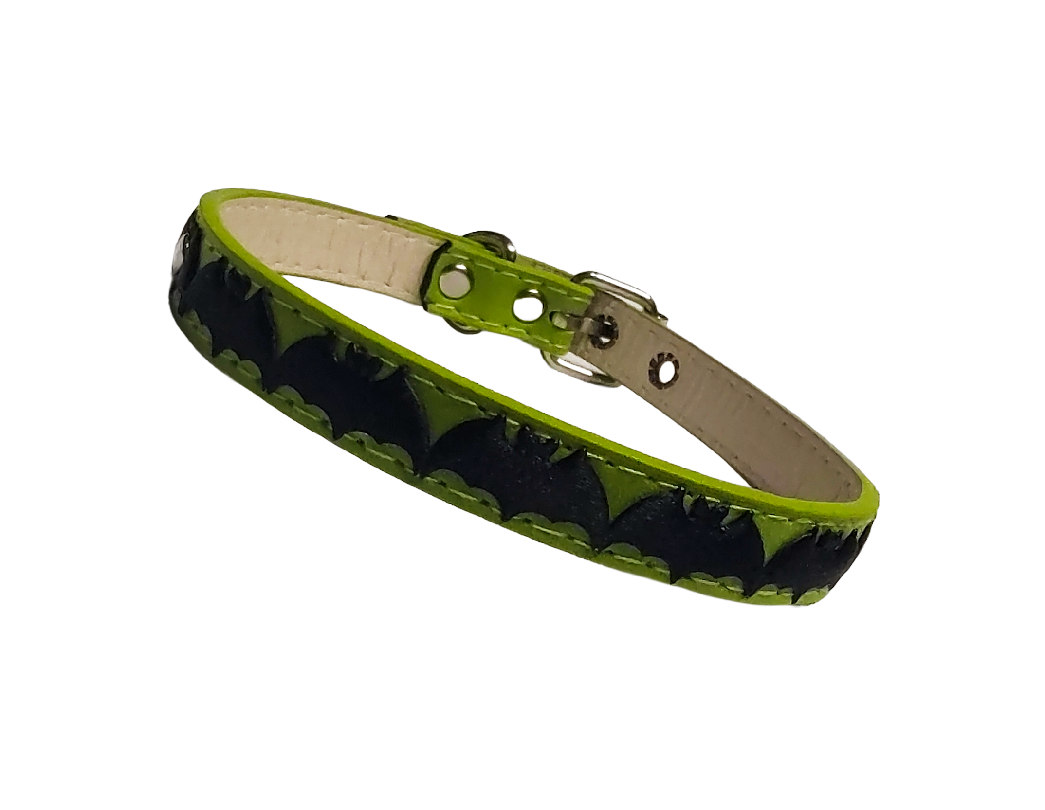 Green faux leather collar with center bat ribbon front view