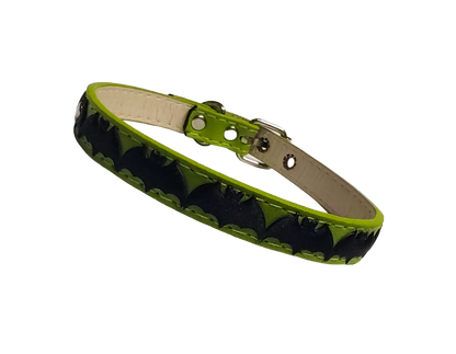 Green faux leather collar with center bat ribbon front view