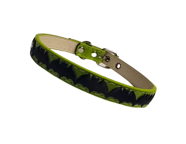 Green faux leather collar with center bat ribbon front view