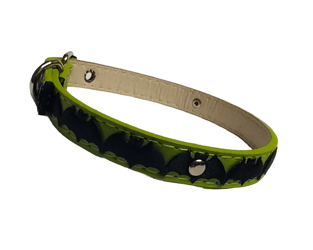 Green faux leather collar with center bat ribbon left view