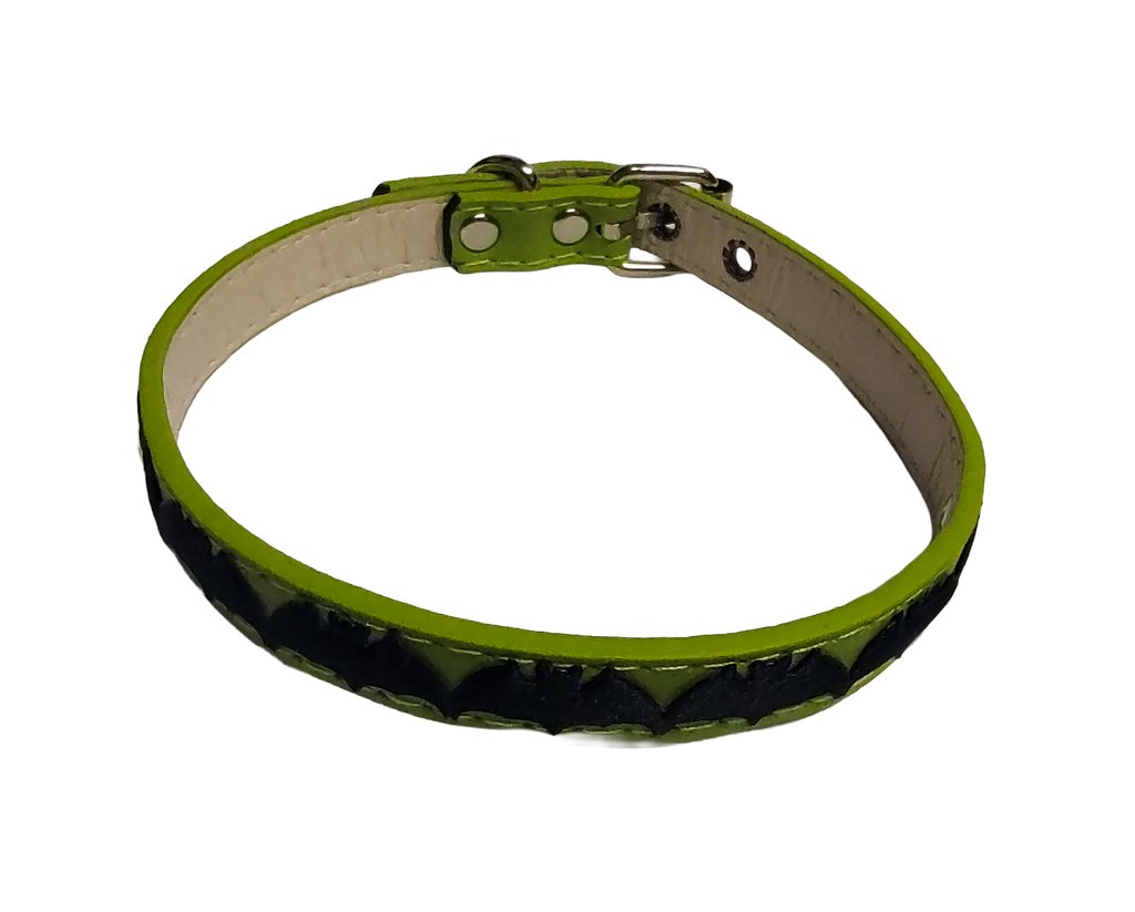 Green faux leather collar with center bat ribbon top view