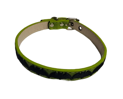 Green faux leather collar with center bat ribbon top view