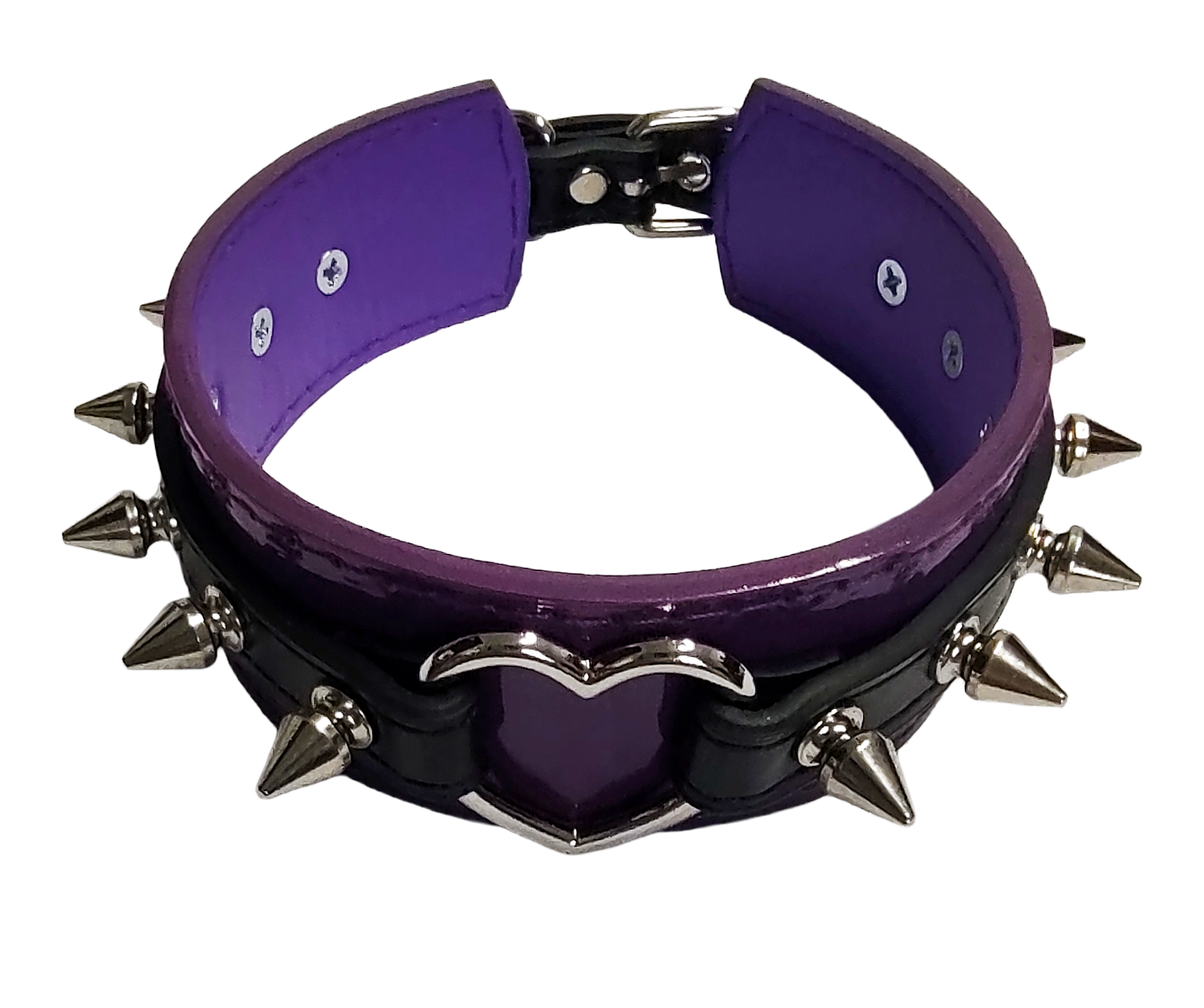 Purple patent faux leather and black faux leather heart ring collar with spikes top front view