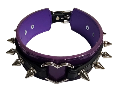 Purple patent faux leather and black faux leather heart ring collar with spikes top front view