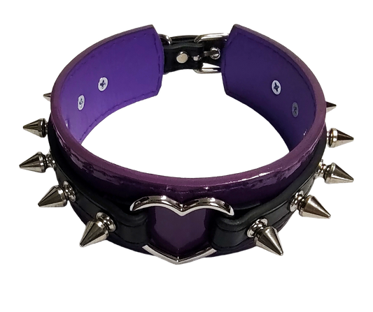 Purple patent faux leather and black faux leather heart ring collar with spikes top front view