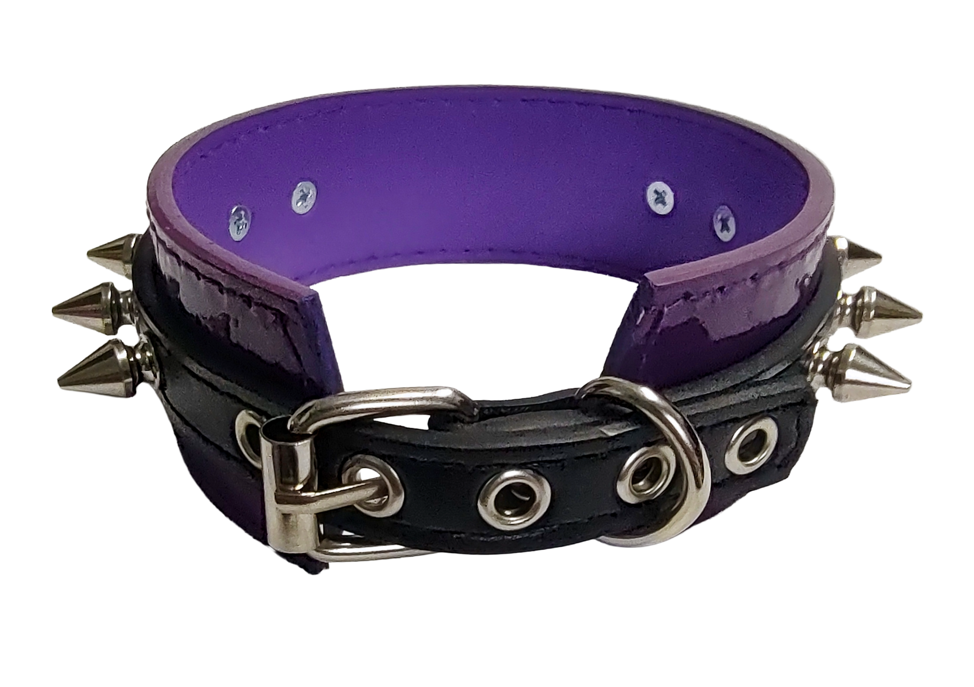 Purple patent faux leather and black faux leather heart ring collar with spikes back view