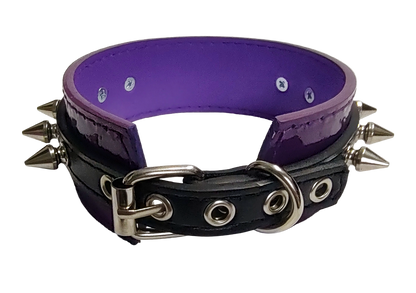 Purple patent faux leather and black faux leather heart ring collar with spikes back view