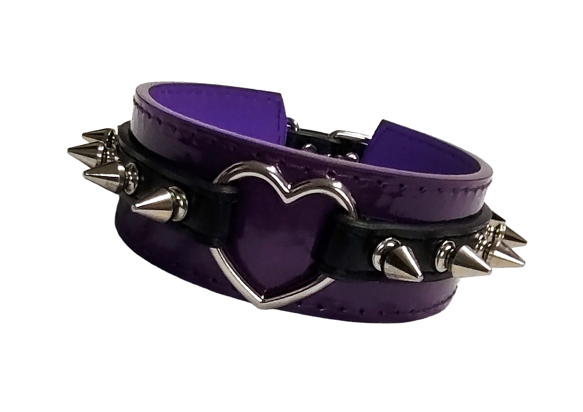 Purple patent faux leather and black faux leather heart ring collar with spikes front view