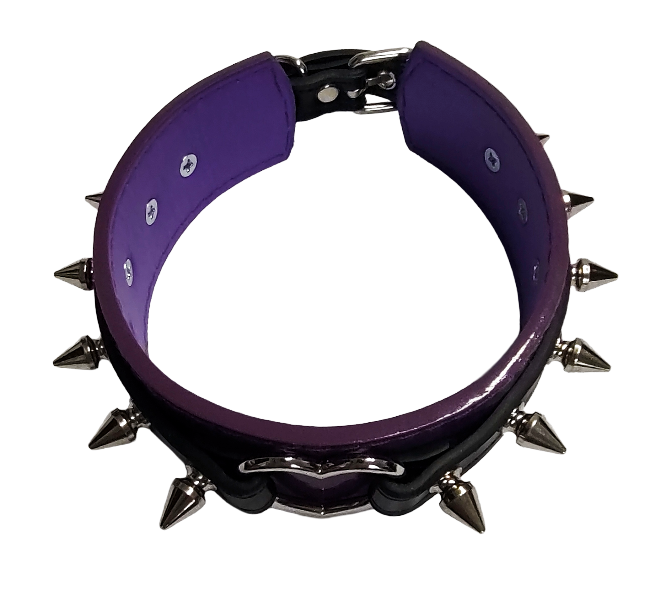 Purple patent faux leather and black faux leather heart ring collar with spikes top view