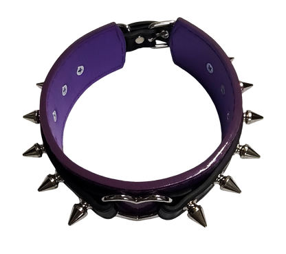 Purple patent faux leather and black faux leather heart ring collar with spikes top view
