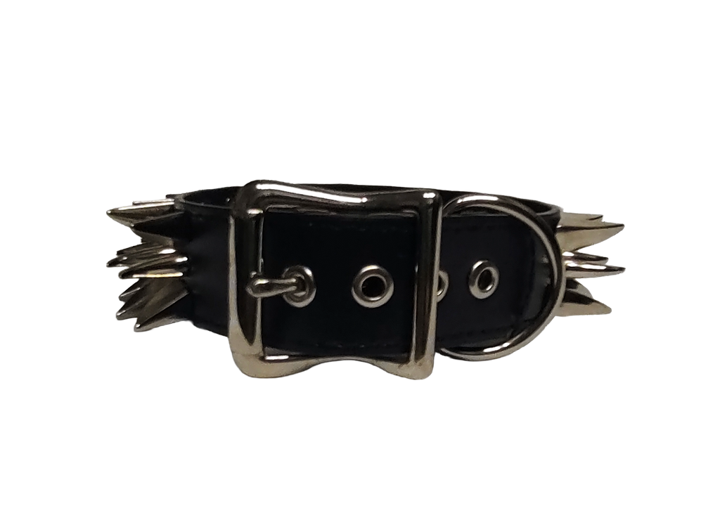 Black faux leather collar with two outer rows of dragon claw spikes and center row of cat claw spikes back view