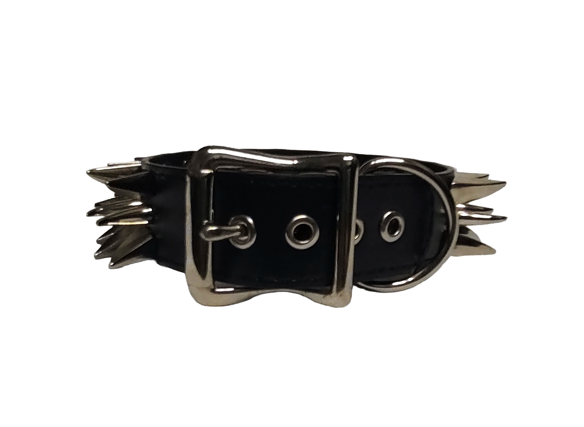 Black faux leather collar with two outer rows of dragon claw spikes and center row of cat claw spikes back view