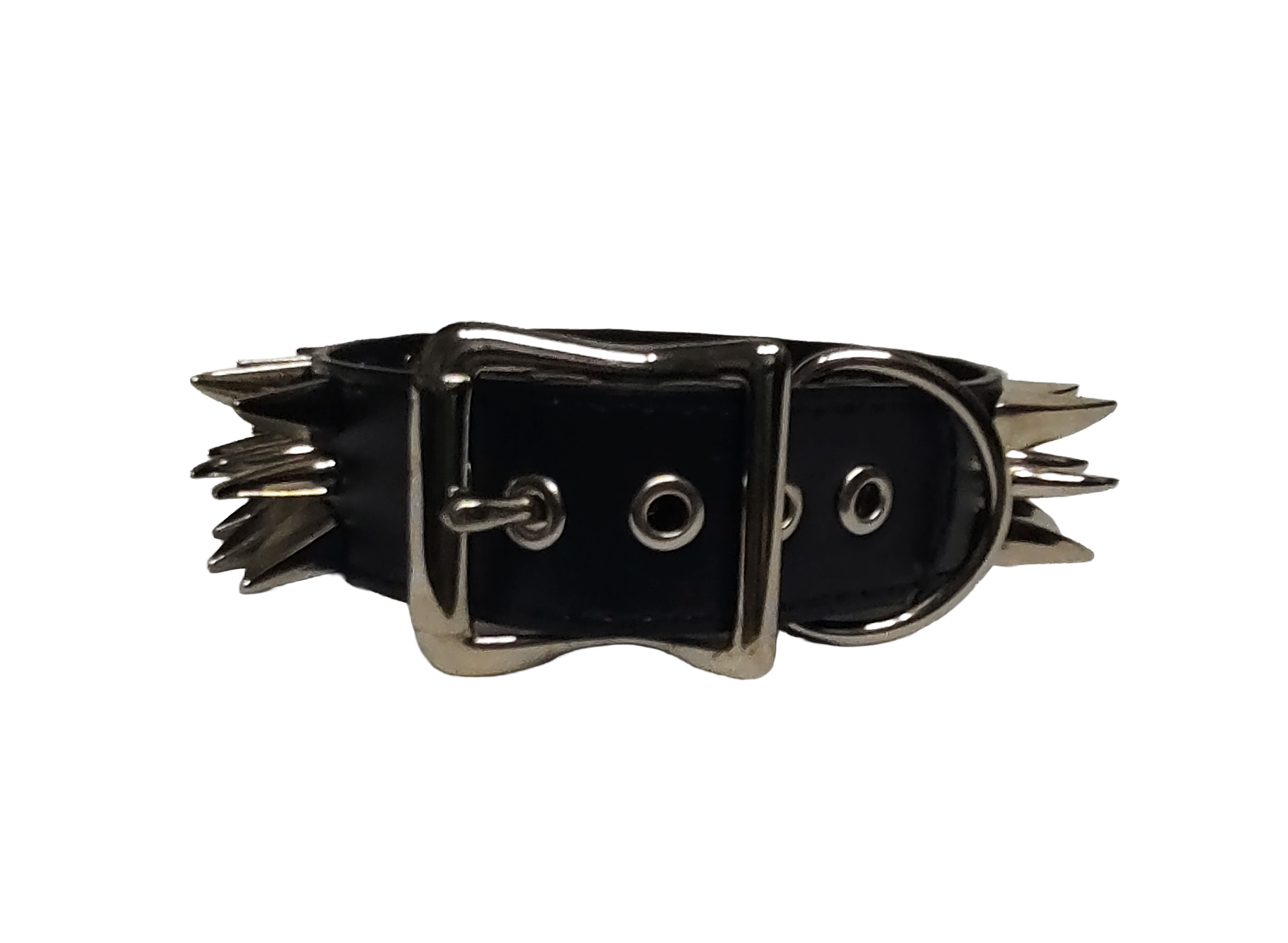 Black faux leather collar with two outer rows of dragon claw spikes and center row of cat claw spikes back view