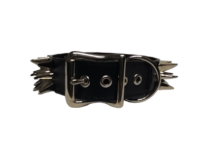 Black faux leather collar with two outer rows of dragon claw spikes and center row of cat claw spikes back view